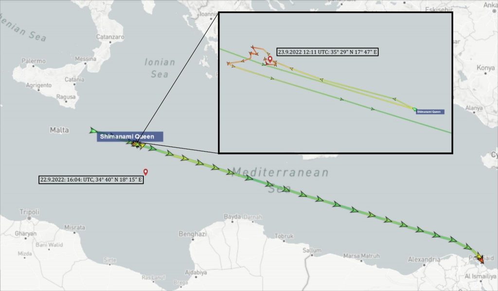 The course of the SHIMANAMI QUEEN ship from the Maltese search and rescue area to Port Said, Egypt - Source: © Sea-Watch
