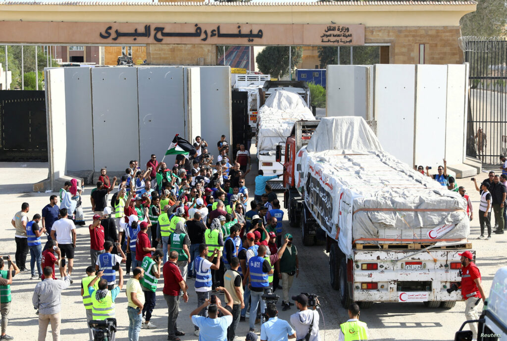 An aid truck enters Gaza from the Rafah crossing