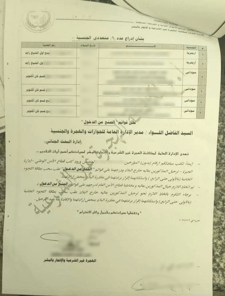 وثيقة حكومية مسربة توجه السلطات بتنسيق ترحيل امرأتين إريتريتين وأربعة مواطنين سودانيين، ومنعهم من العودة إلى مصر. حُجِبت أجزاء من الوثيقة لحماية هويات اللاجئين المعنيين.